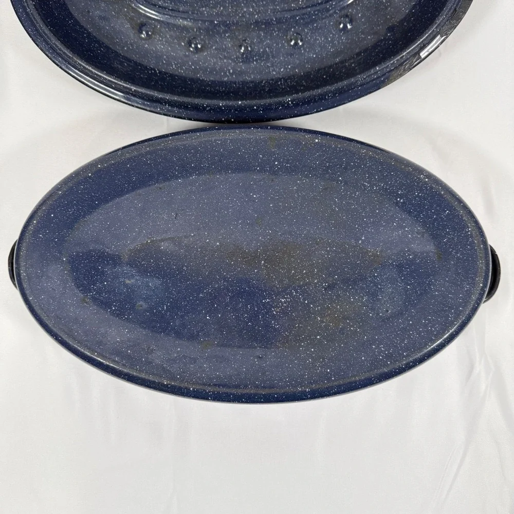 Vintage Enamelware Roaster Pan Large Blue White Speckled Oval Lidded Pot 15 Inch